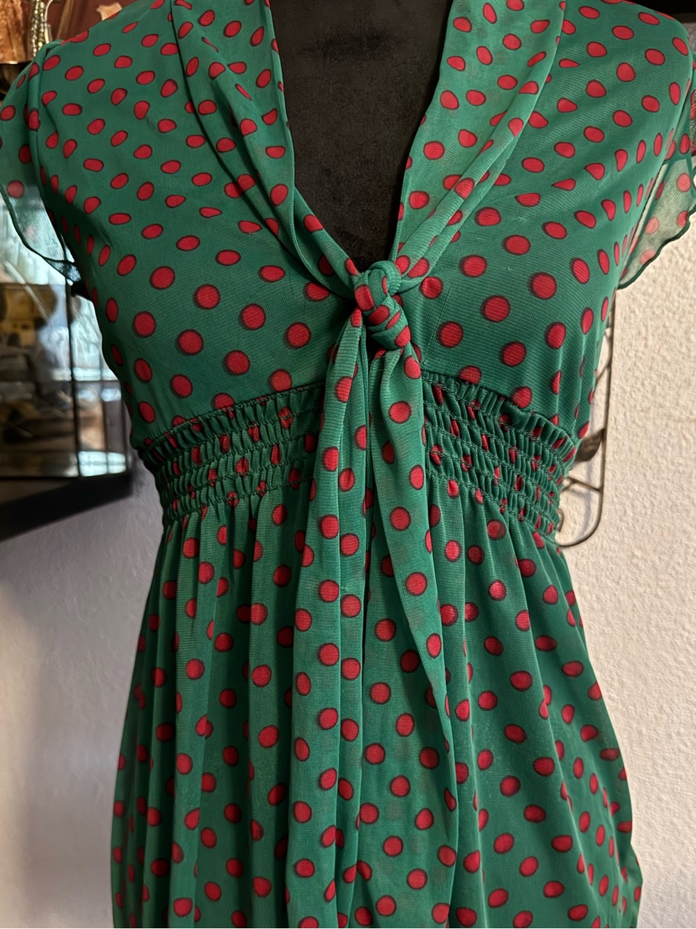 Lashes Green & Red Polka Dot Smocked Tie-Neck Tunic Top •Size M•